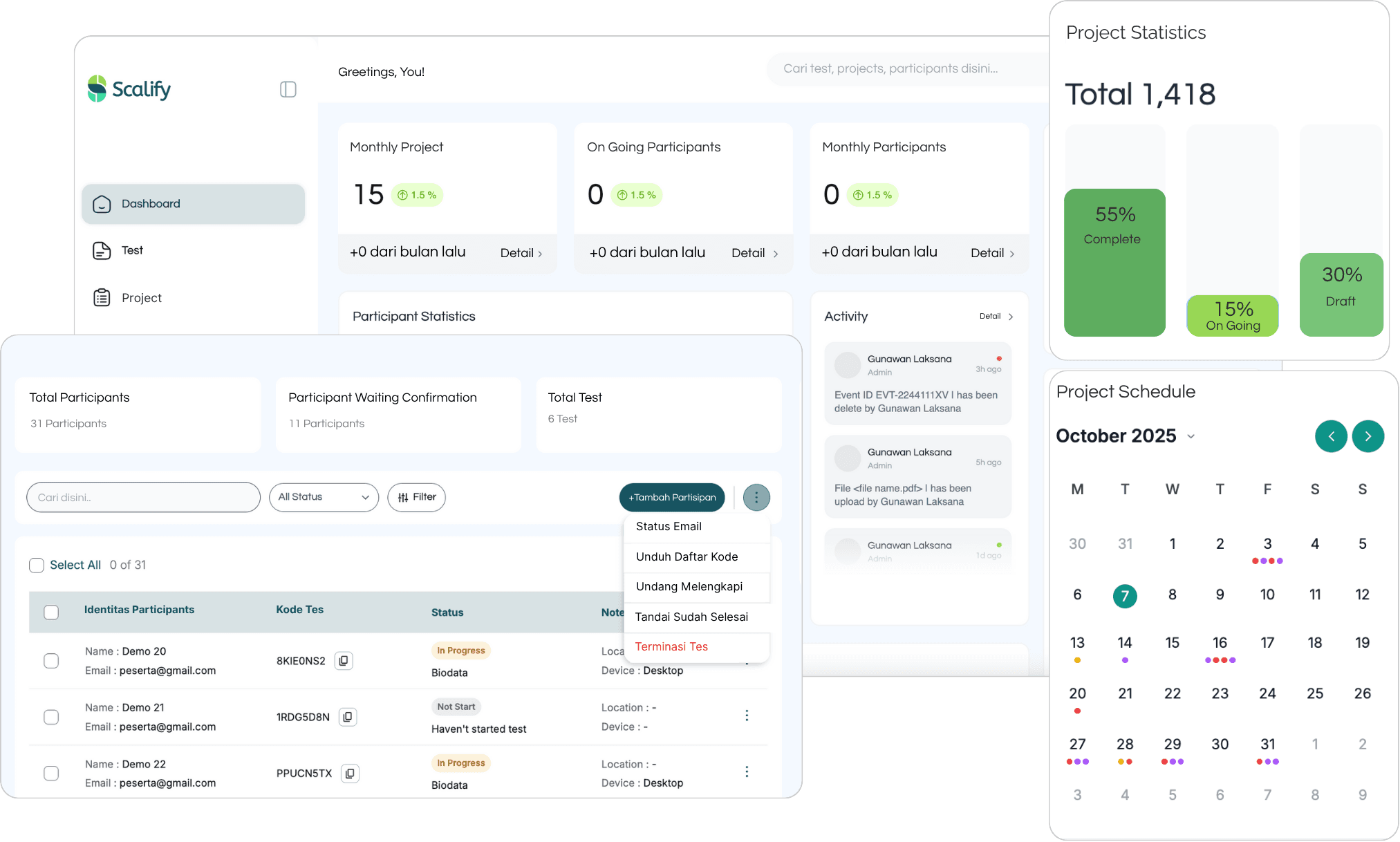 Dashboard Scalify dengan live monitor